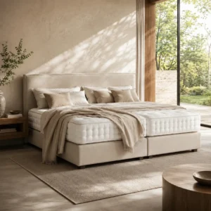 Handgefertigtes Boxspringliebe-Bett aus Naturmaterialien in einem hellen, ruhigen Schlafzimmer